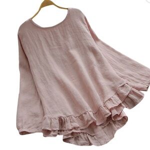 Zanzea Women’s Pink Long Sleeve Loose Top Ruffle Hem Back Buttons Plus Sz 2XL